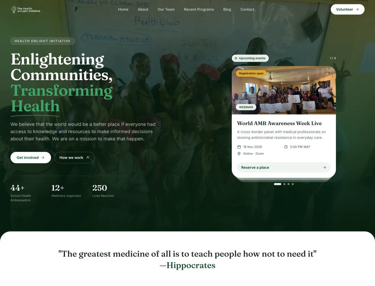 The Health enLight Initiative homepage with a stack of upcoming event cards